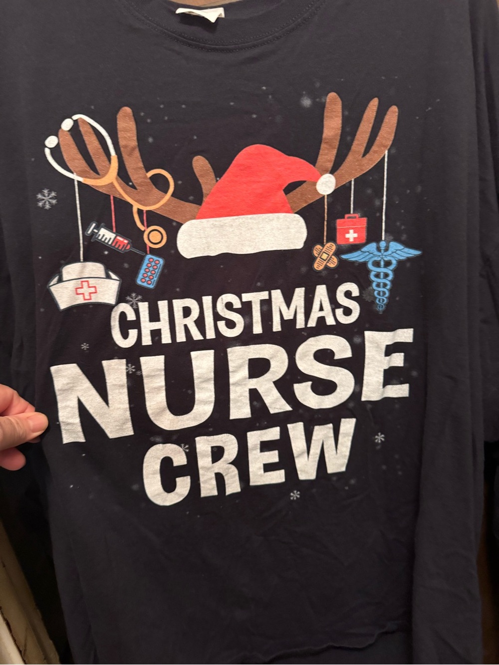 Women’s Size 3X Christmas Nurse Crew Long Sleeve Shirt- Navy with Red & White